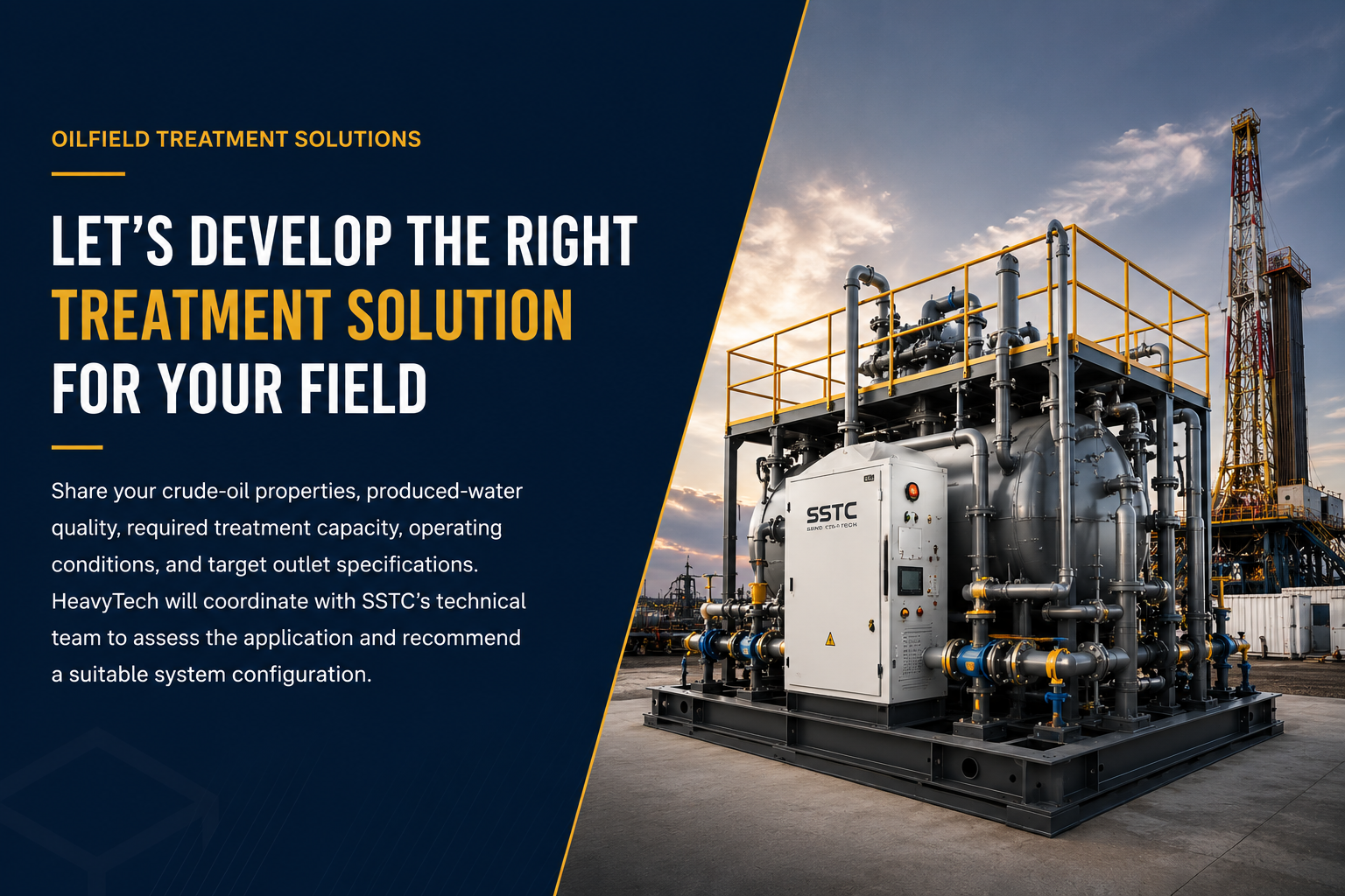 Industrial oilfield site with a large, complex water treatment system featuring pipes, valves, and control panels, set against a sunset sky with oil drilling rigs in the background.