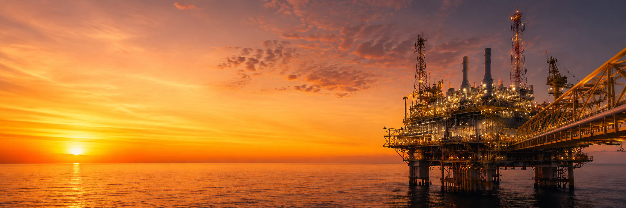 An offshore oil rig illuminated at sunset over the ocean with a colorful sky of orange, pink, and purple hues.