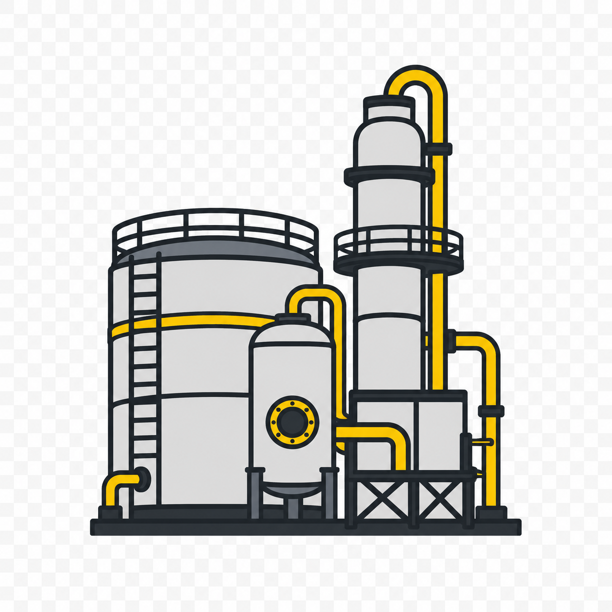 Illustration of an industrial chemical processing plant with tanks, pipes, and ladders