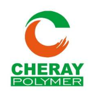 Cheray Polymer logo with green and orange design elements and text.