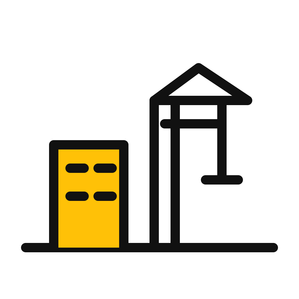 Illustration of a cityscape with a yellow building and a streetlamp.