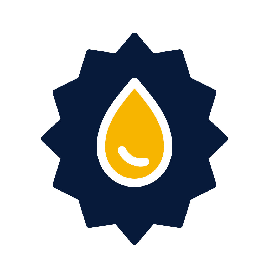A badge with a dark blue, star-shaped border featuring a yellow teardrop shape with white outline and a white curved line inside, against a black background.