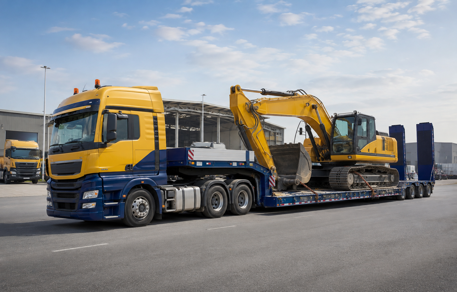 A yellow bulldozer on a blue flatbed truck in an industrial area with warehouse buildings in the background under a partly cloudy sky.