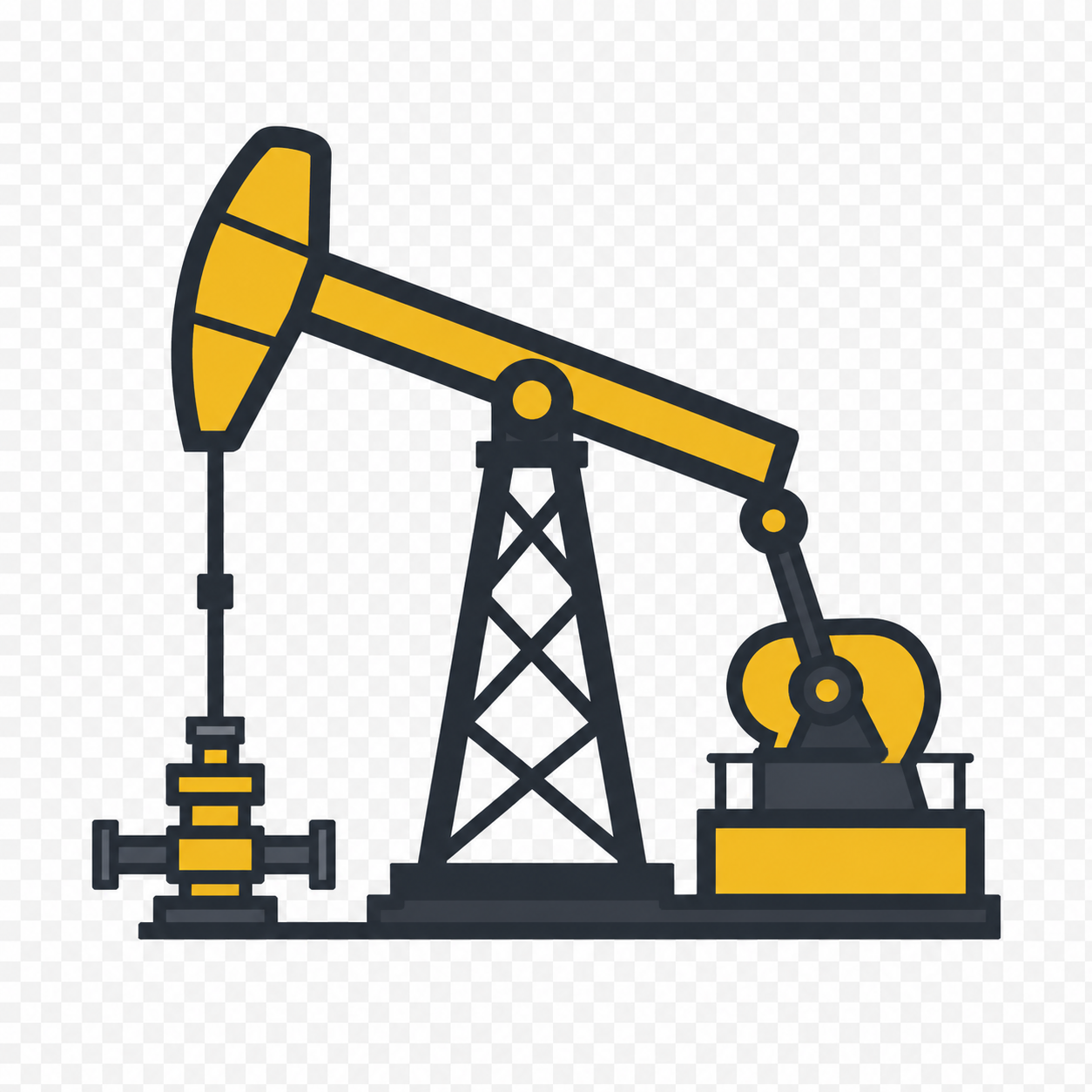 Illustration of an oil pump jack in black and yellow colors.