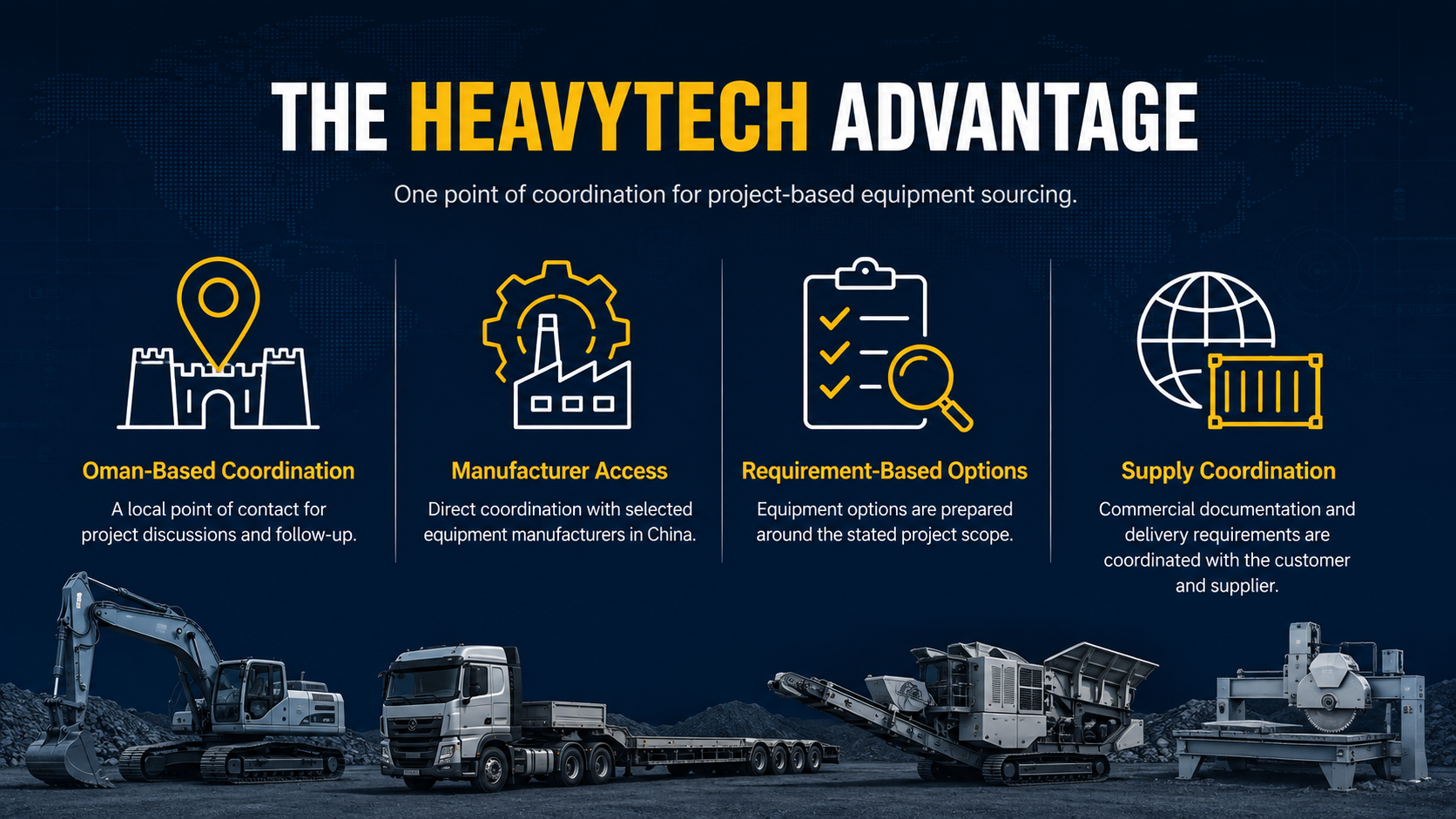 An infographic titled 'The Heavytech Advantage' featuring icons and descriptions about Oman-based coordination, manufacturer access, requirement-based options, and supply coordination, with construction machinery at the bottom.