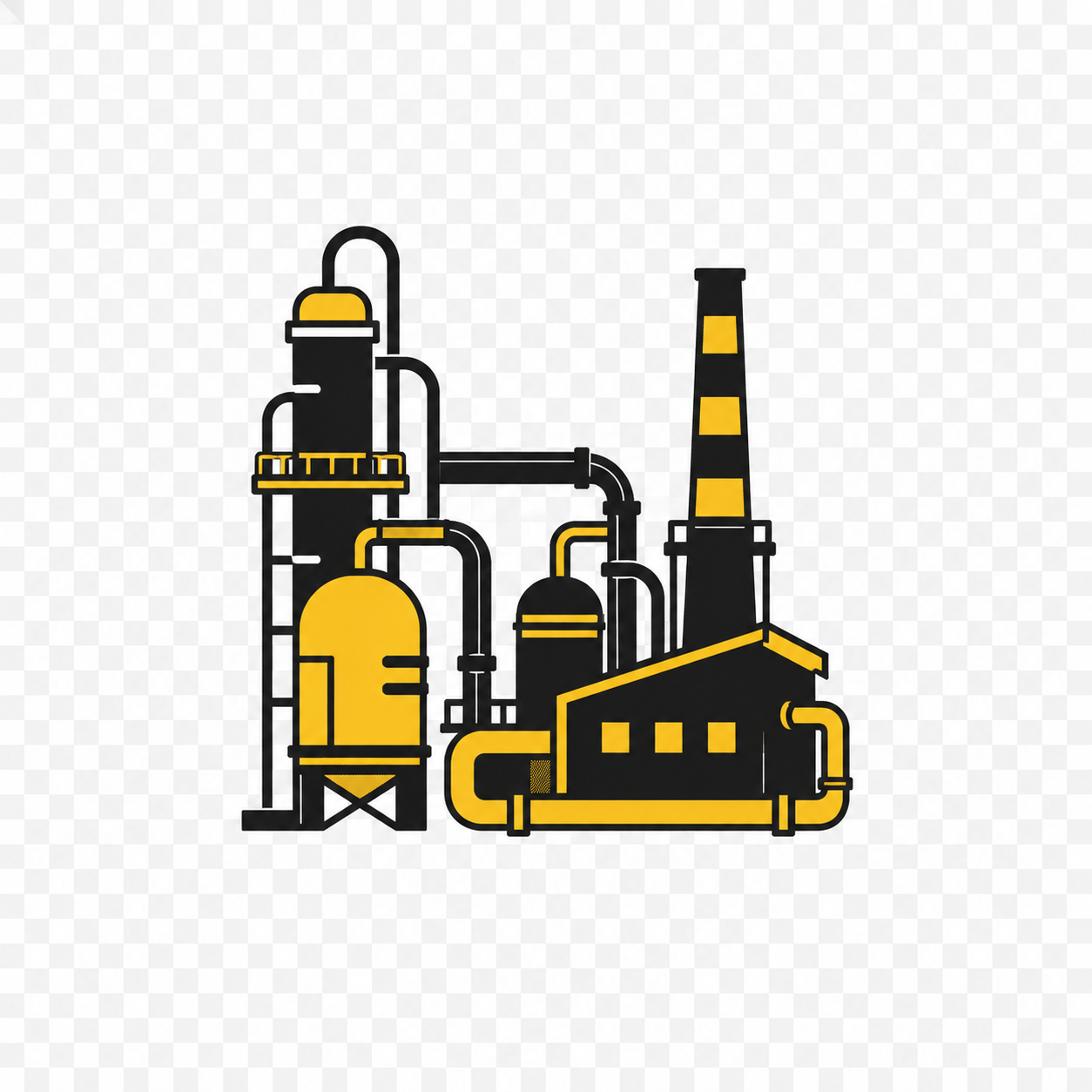 Illustration of an industrial factory with tanks, pipes, and a tall chimney, colored in black and yellow.