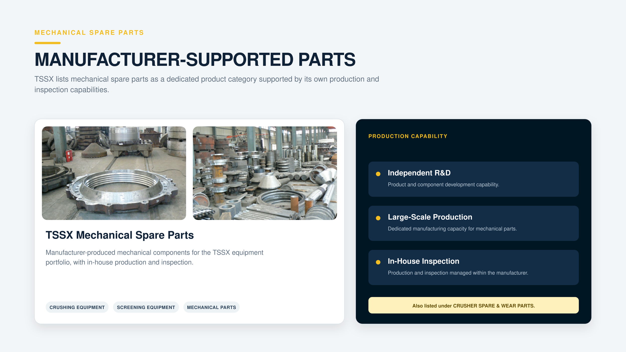 Screenshot of a webpage about mechanical spare parts showing two images of metal components in a workshop, with text describing manufacturer-supported parts and production capabilities.