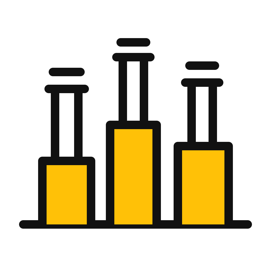 Bar chart with three vertical yellow bars and thin black outlines, each topped with a horizontal bar, on a black background.