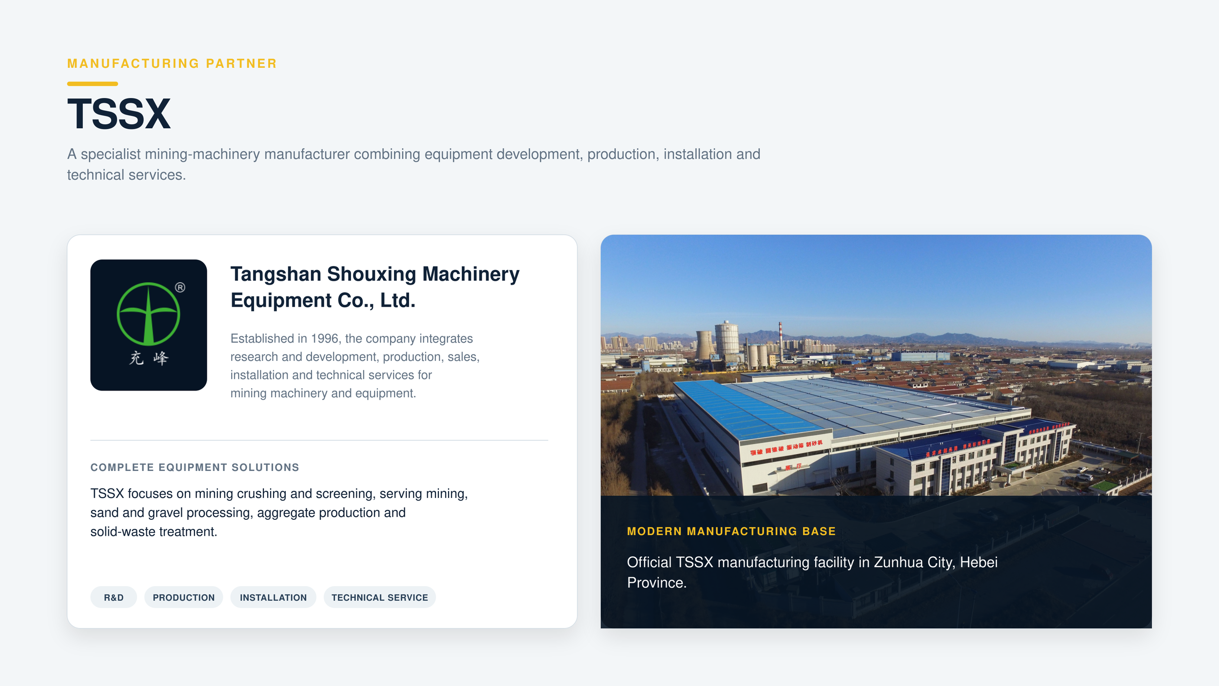 Screenshot of a webpage about TSSX, a mining machinery manufacturer, featuring a photo of a large modern manufacturing building with solar panels on the roof, situated in Zunhua City, Hebei Province.