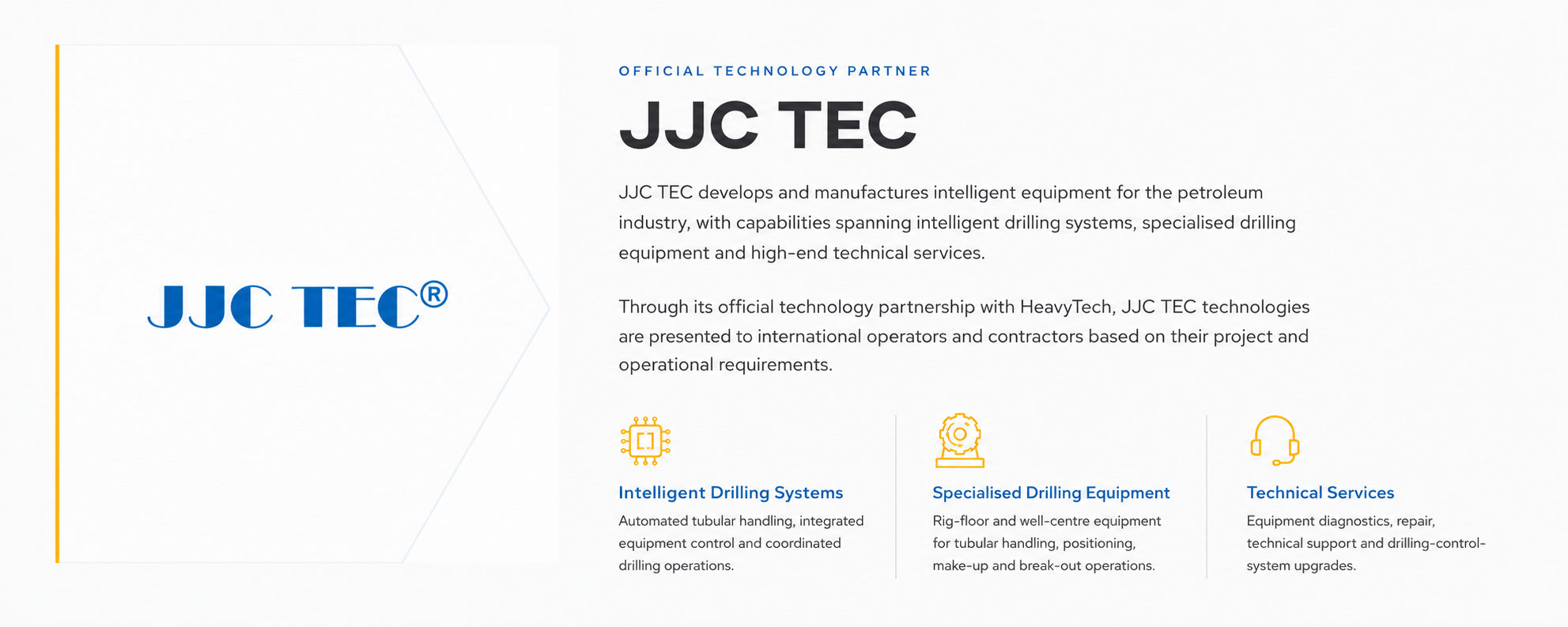 JJC TEC company overview page with logo and description of services, including intelligent drilling systems, specialised drilling equipment, and technical services, with icons representing each category.