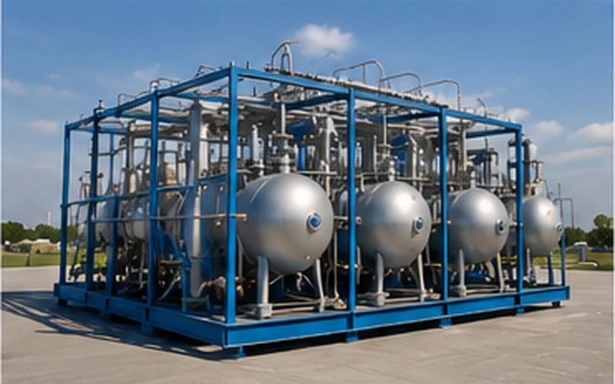 Industrial equipment with large spherical tanks inside a blue metal frame, outdoors on a concrete surface with sky and clouds in the background.