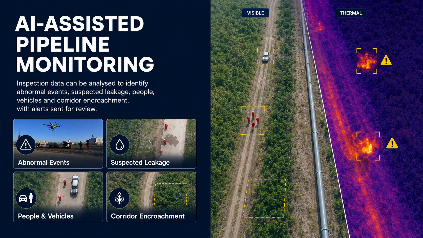 Information panel on AI-assisted pipeline monitoring, displaying data analysis of abnormal events, suspected leakage, people and vehicles, and corridor encroachment, with a visual and thermal image of pipeline corridor showing detected anomalies.