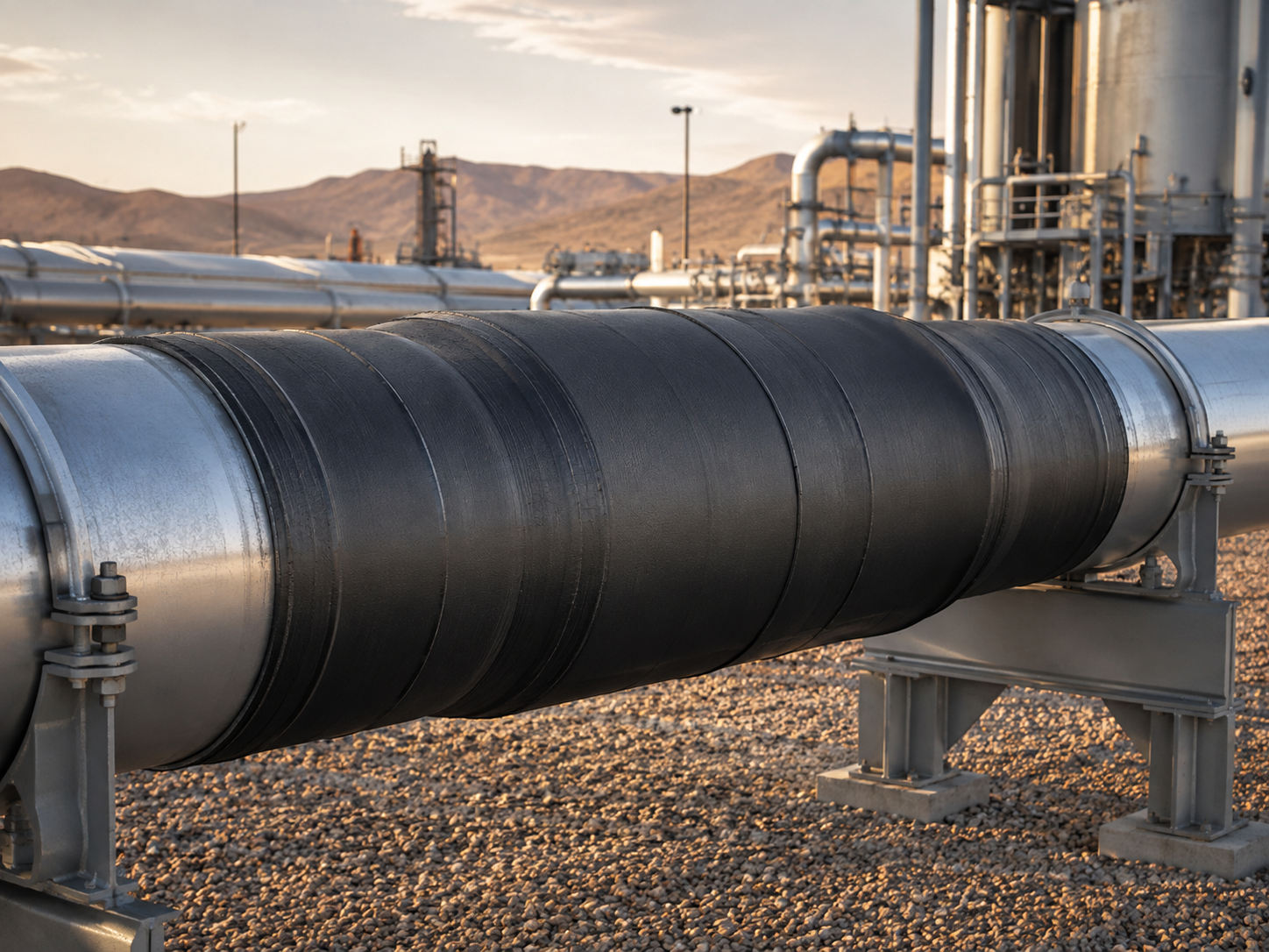 Large industrial pipeline running through a desert landscape with mountains in the background and industrial structures.
