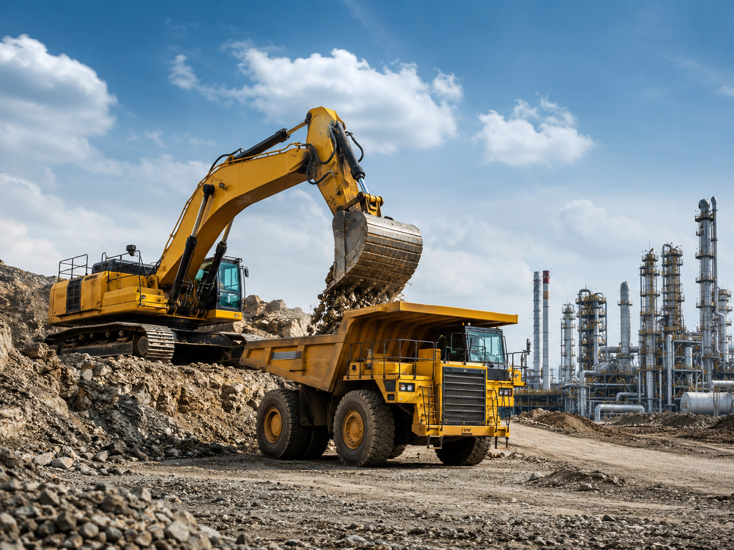 A yellow excavator loads dirt and rocks into a yellow dump truck at an industrial construction site with a large factory and smokestacks in the background under a partly cloudy sky.