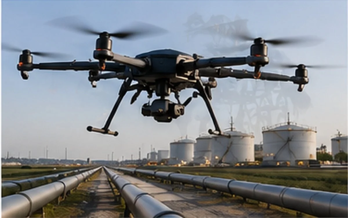 A drone flying over an industrial site with large storage tanks and pipeline infrastructure.