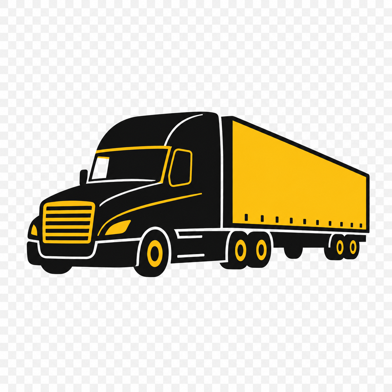 Graphic of a black and yellow semi-truck with a yellow trailer, outlined in yellow and white details.