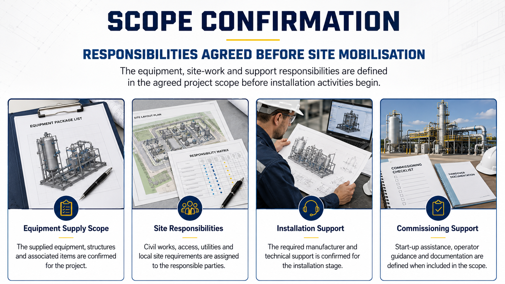 An informational display about scope confirmation for industrial project installation, featuring four sections: equipment supply scope with a blueprint and pen, site responsibilities with site plan and responsibility matrix, installation support with a worker reviewing plans, and commissioning support with checklists and documentation. Each section has an icon and descriptive text.