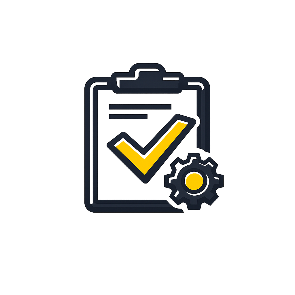 Illustration of a clipboard with a checkmark and a gear symbol, representing settings or approval.