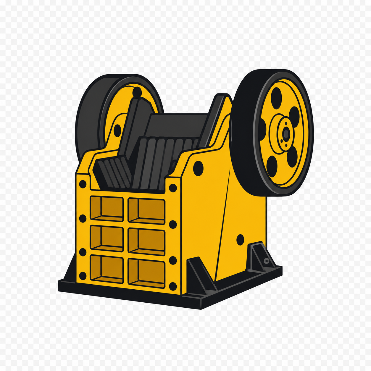 Yellow and black industrial machine with two large wheels, used for crushing or grinding materials.