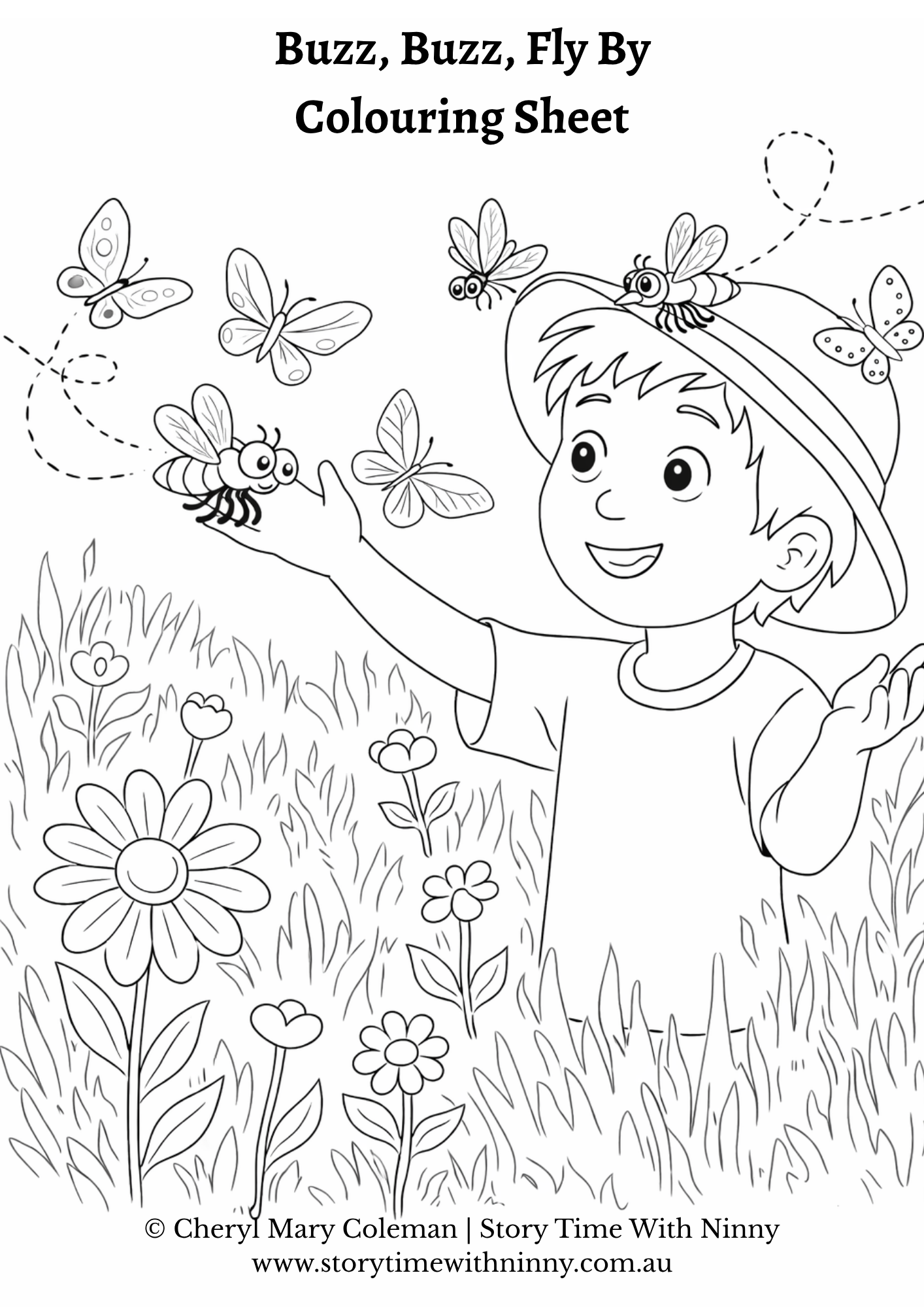 Buzz, Buzz, Fly By colouring sheet for kids featuring a smiling boy reaching out to bees and butterflies in a flower-filled garden, black and white printable line art by Cheryl Mary Coleman, Story Time With Ninny.