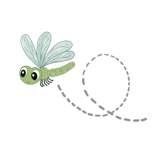A cartoon illustration of a smiling green caterpillar with wings and antennae, flying in front of a blank whiteboard.