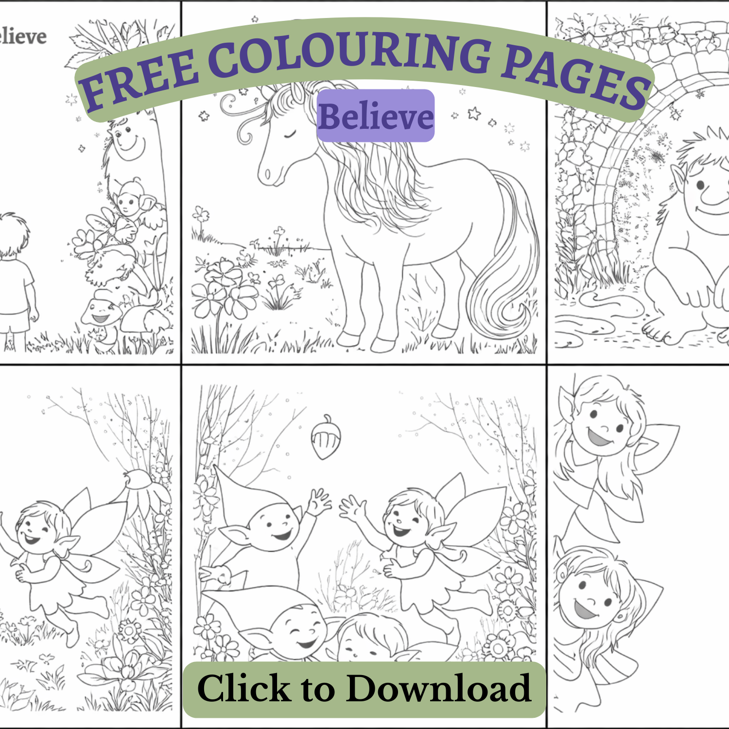 Free Believe colouring pages featuring pixies, elves, dwarves, unicorn, troll throwing acorns in a forest scene.