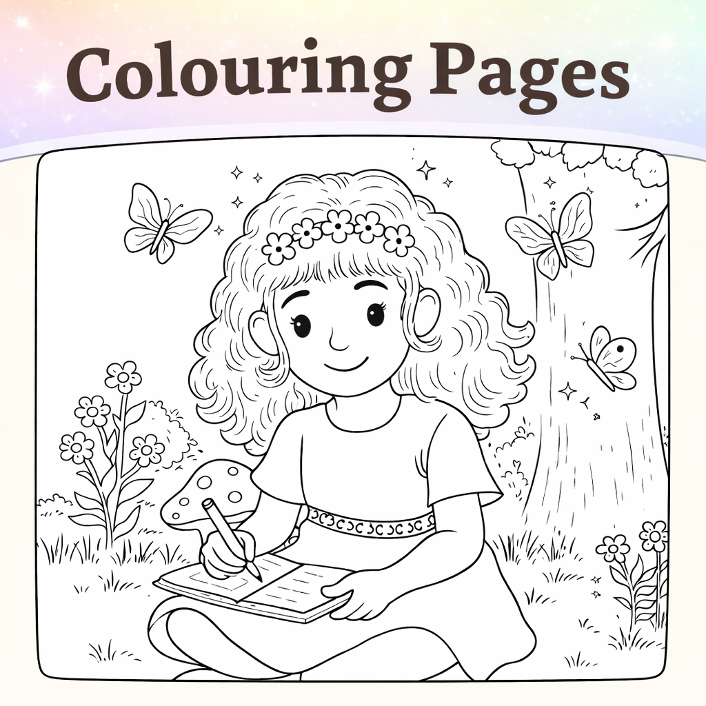 A coloring page featuring a girl sitting outdoors, drawing in a notebook with a paint palette in her hand, surrounded by flowers and butterflies, with a tree in the background.