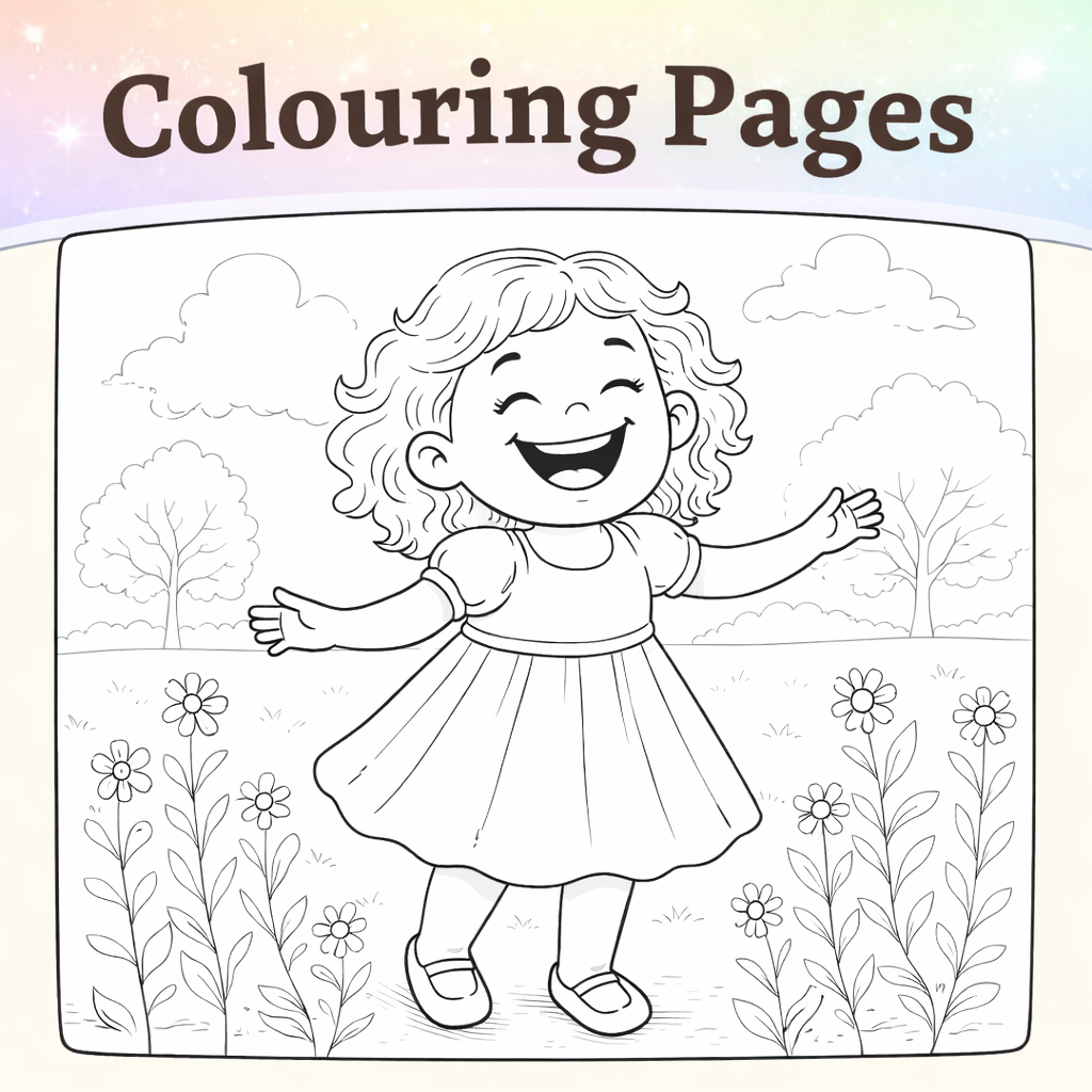 Colouring pages for kids featuring Little Poppy smiling in a flower garden with trees and clouds, printable children’s colouring activity by Story Time With Ninny.
