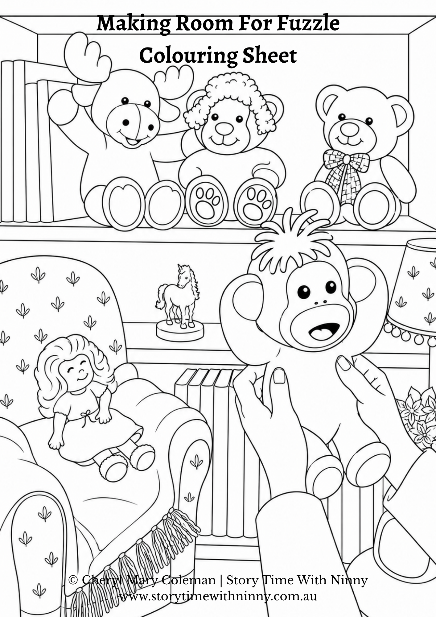 Black and white colouring sheet of soft toys on a bookcase, a doll in a chair and monkey.  FREE colouring sheet from Making Room for Fuzzle.  Story Time With Ninny.