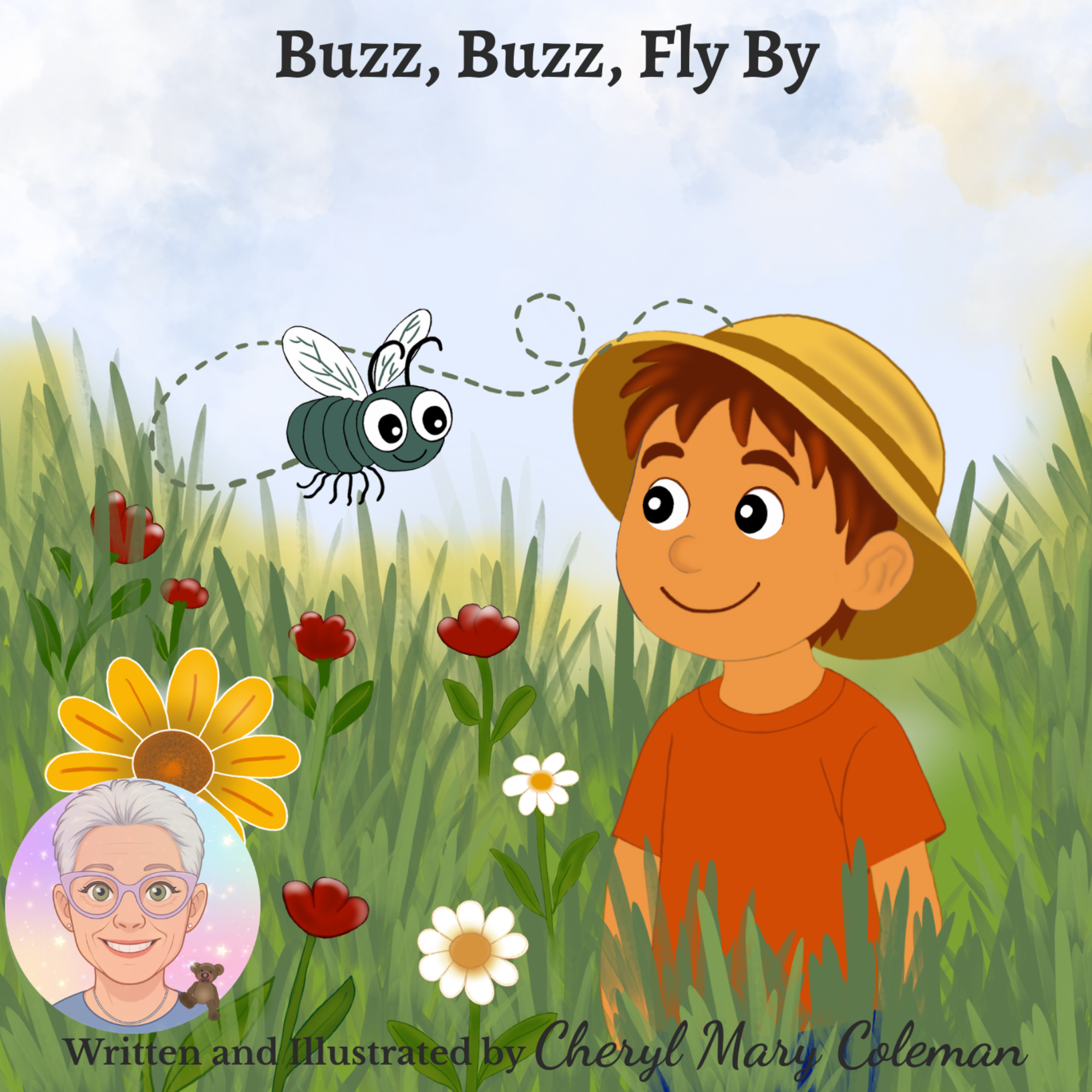 A boy wearing a yellow hat, stood in a meadow talking with a fly, surrounded by flowers.  Story Time With Ninny illustration.