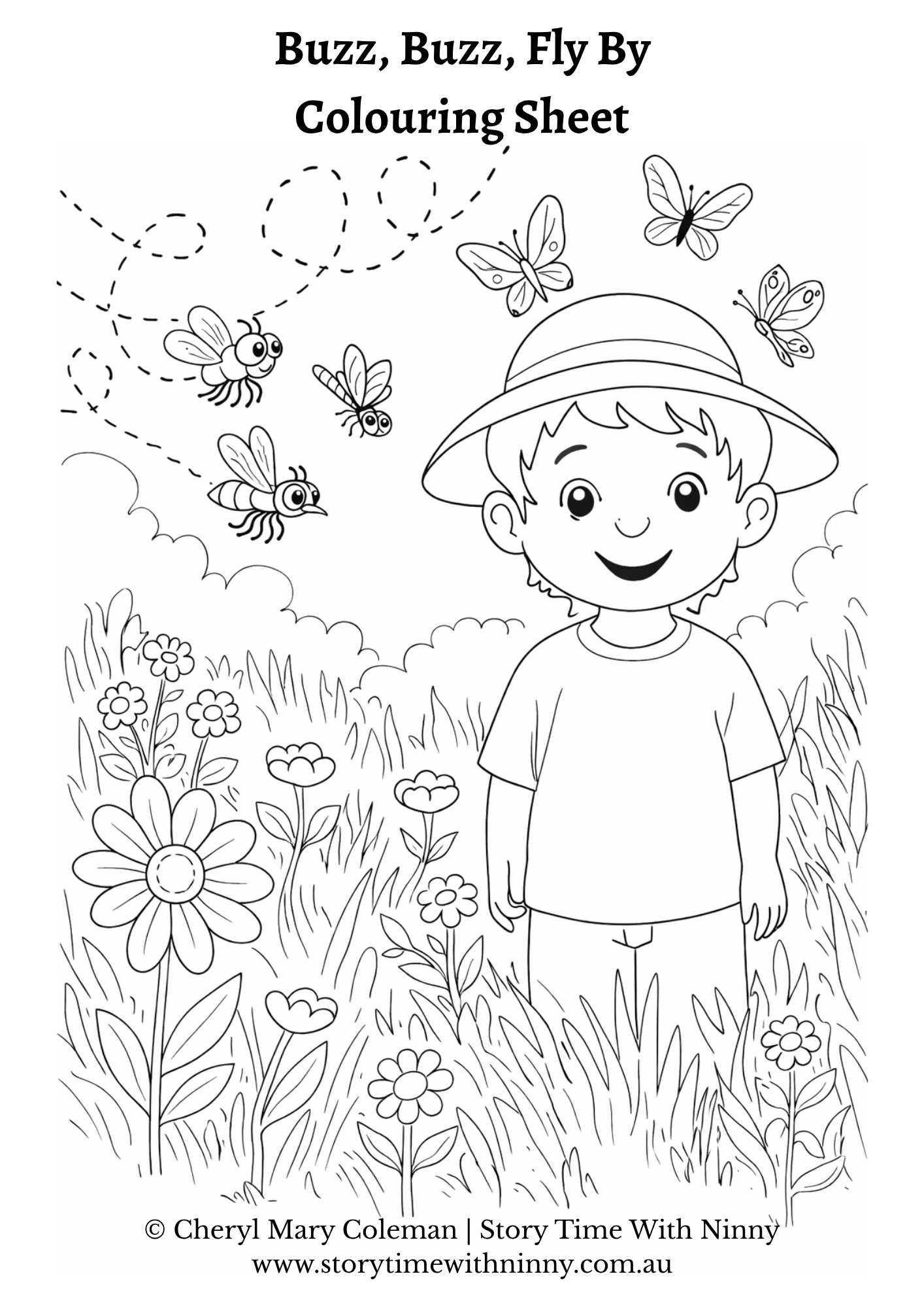 Buzz, Buzz, Fly By colouring sheet for kids featuring a smiling boy in a flower garden surrounded by bees and butterflies, black and white printable line art by Cheryl Mary Coleman, Story Time With Ninny.