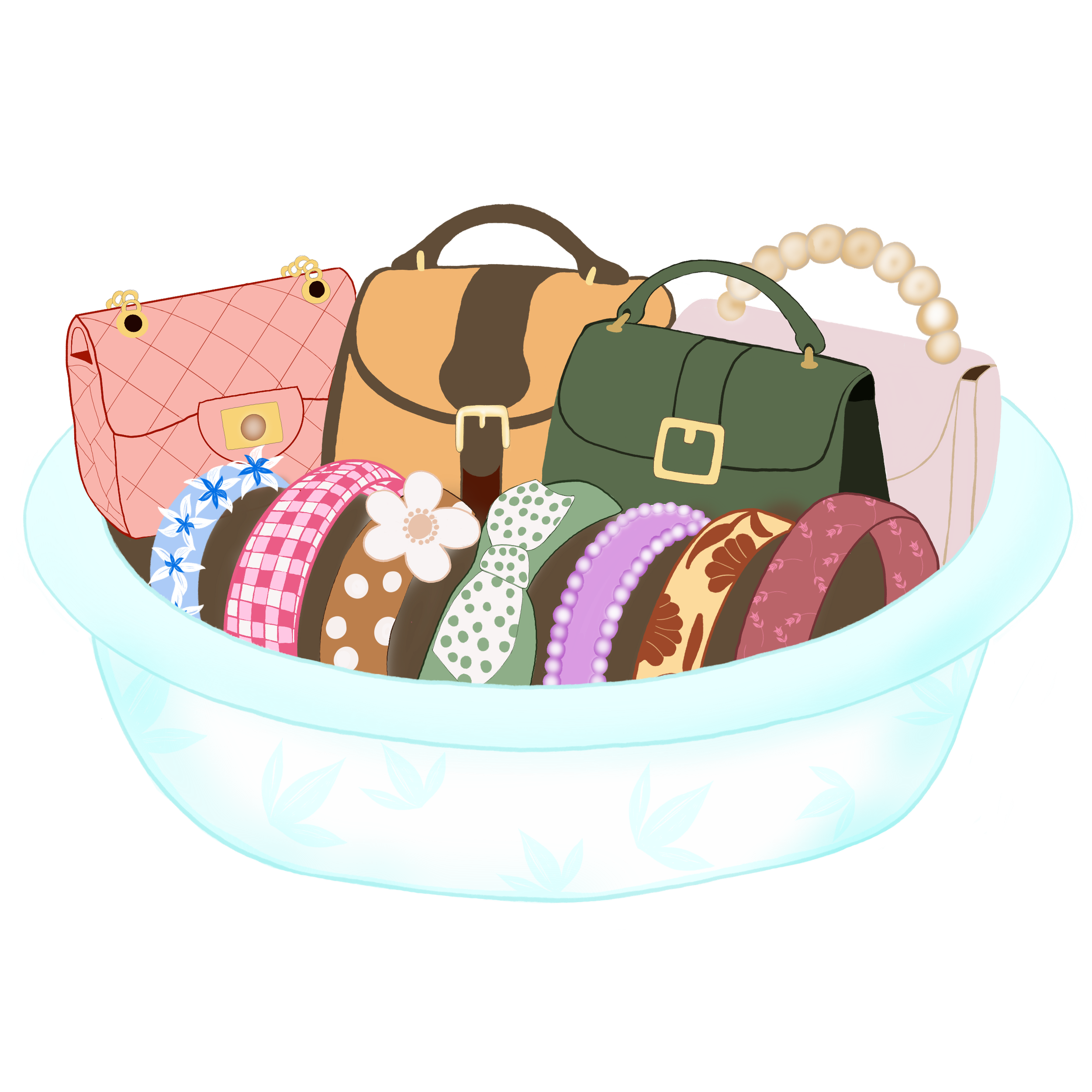 Illustrated basket filled with colourful handbags and hairbands, representing Olive the Puppy Page Turner’s favourite accessories on the Story Time With Ninny website.