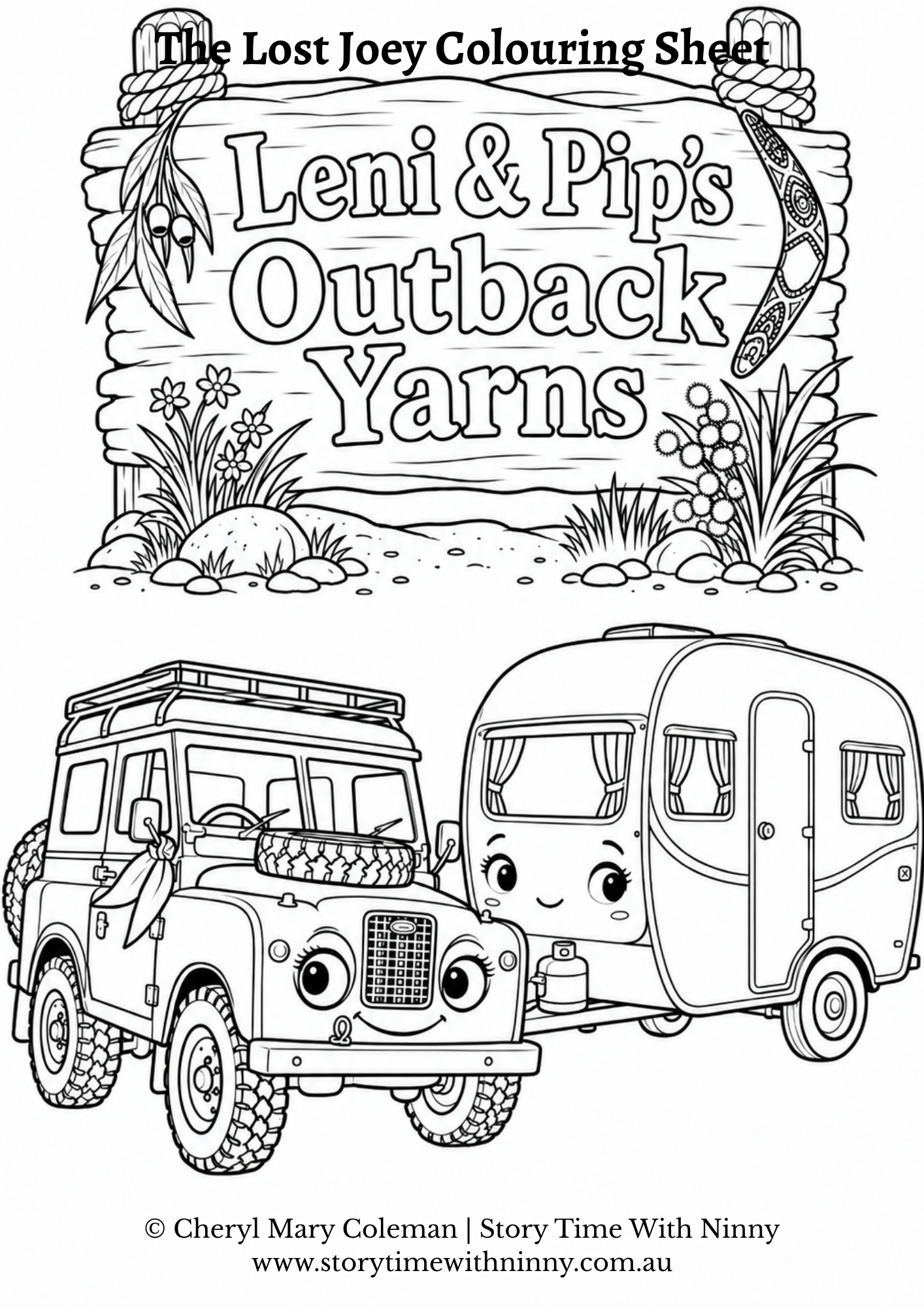 Free colouring sheet featuring Leni , Pip and the story world sign.