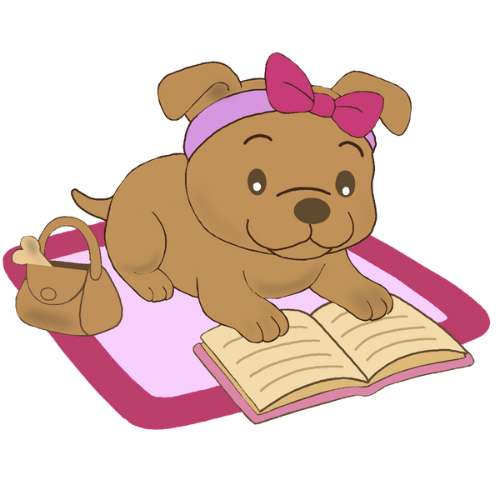 A gentle brown staffy puppy named Olive lies on a pink mat reading an open book, wearing a headband and bow as a Puppy Page Turner for Story Time With Ninny