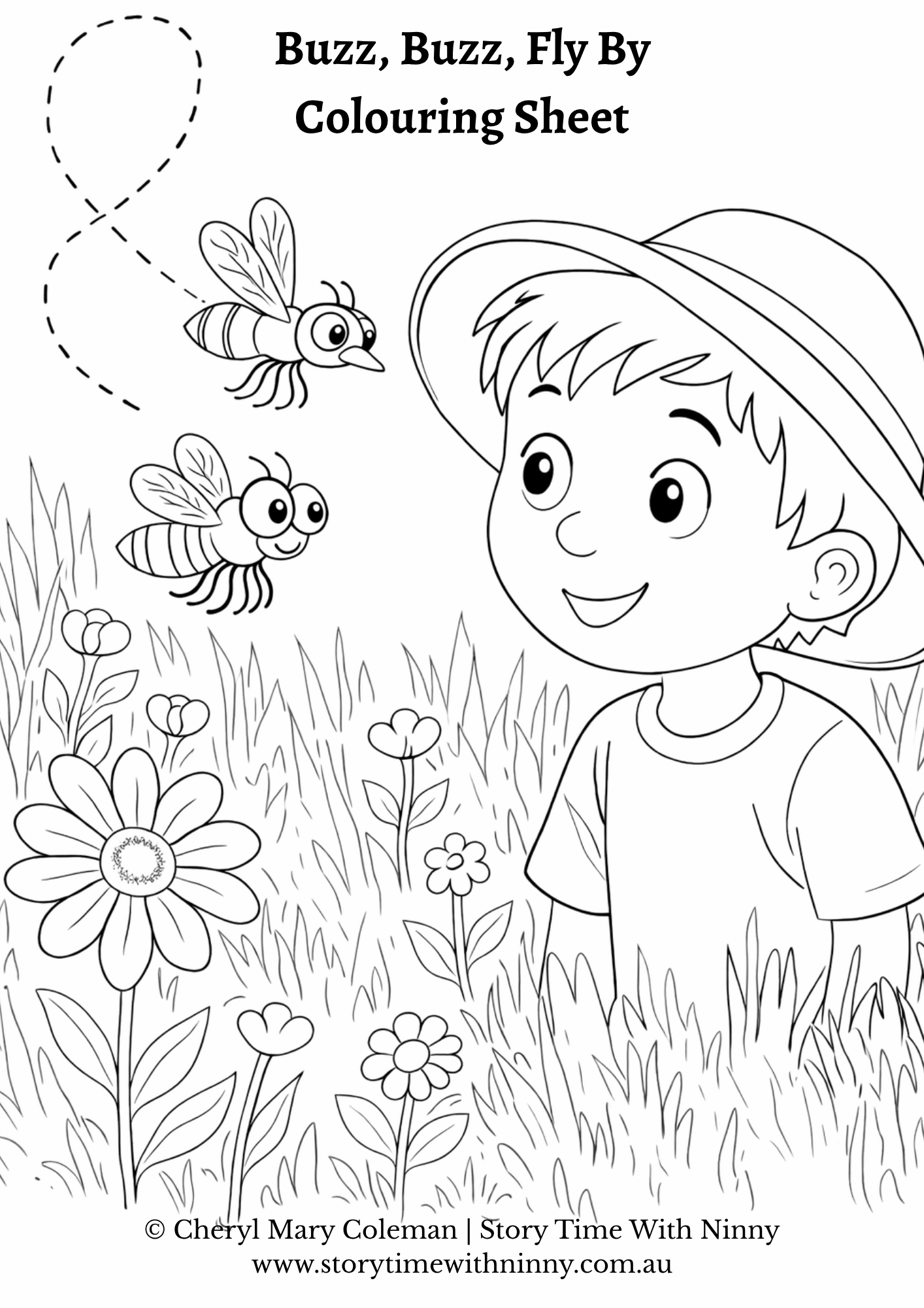Buzz, Buzz, Fly By colouring sheet for kids featuring a smiling boy in a garden watching two bees flying among flowers, black and white printable line art by Cheryl Mary Coleman, Story Time With Ninny.
