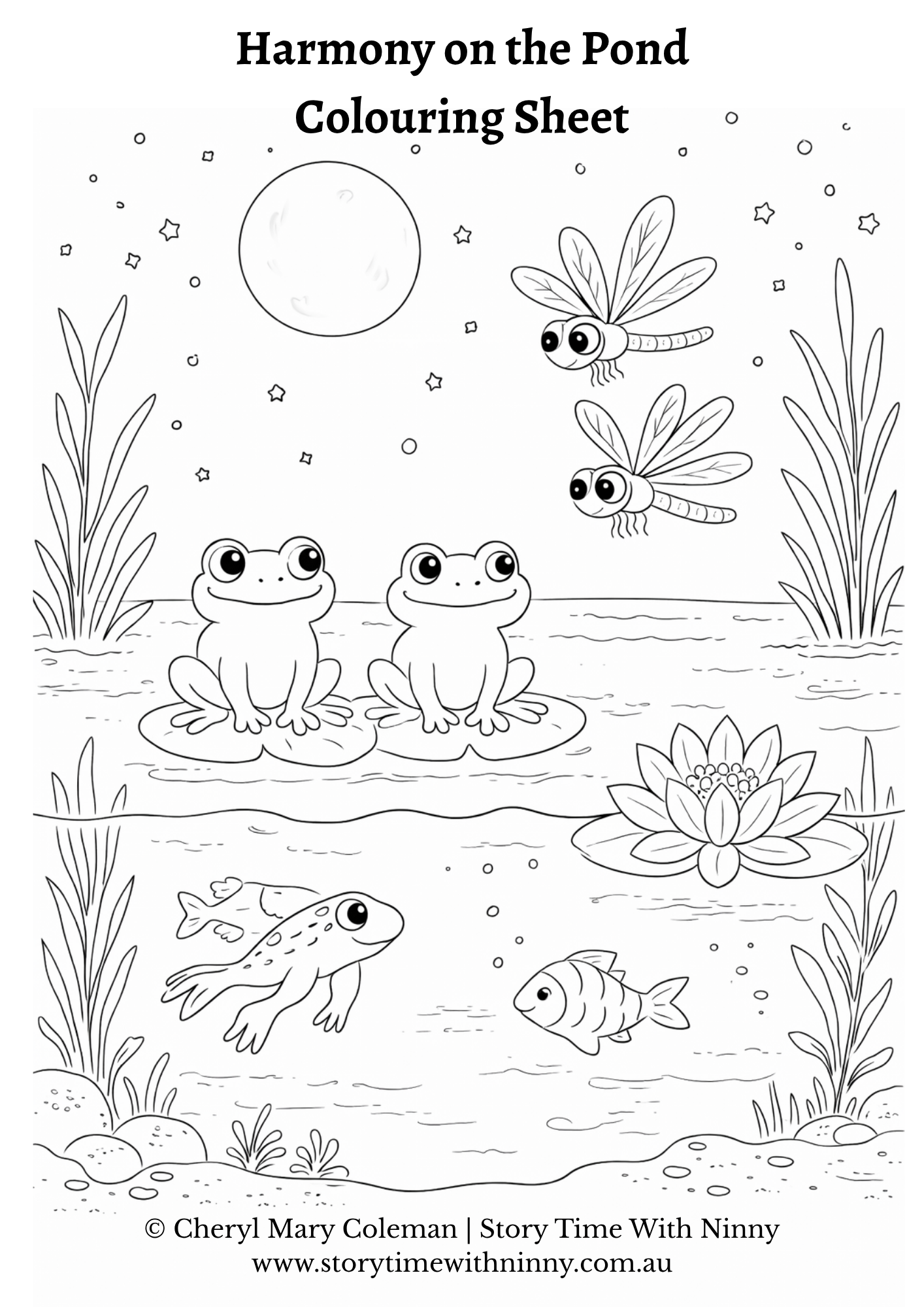 Harmony on the Pond colouring sheet for kids featuring two frogs sitting on lily pads with dragonflies flying above and fish swimming below, peaceful pond scene in black and white printable line art by Cheryl Mary Coleman, Story Time With Ninny.