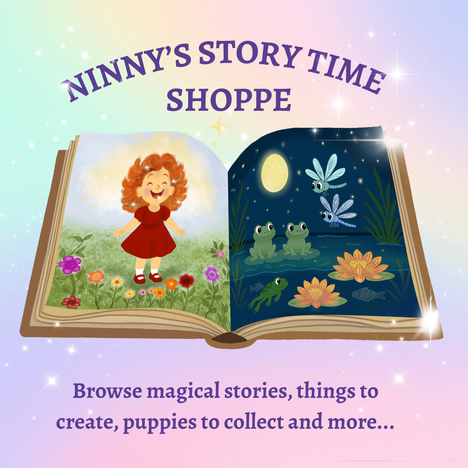llustration for the Ninny’s Story Time Shoppe section on the Story Time With Ninny website showing an open book with Little Poppy, frogs, dragonflies, lilies, and a magical night scene.