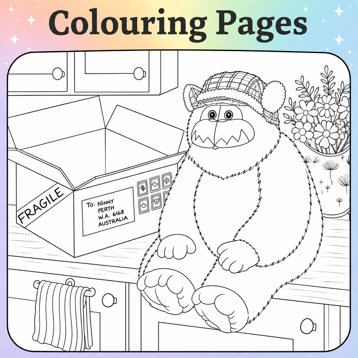 Colouring pages graphic featuring Fuzzle the furry yeti sitting beside an open parcel in Ninny’s studio, with flowers and a rainbow-coloured background.