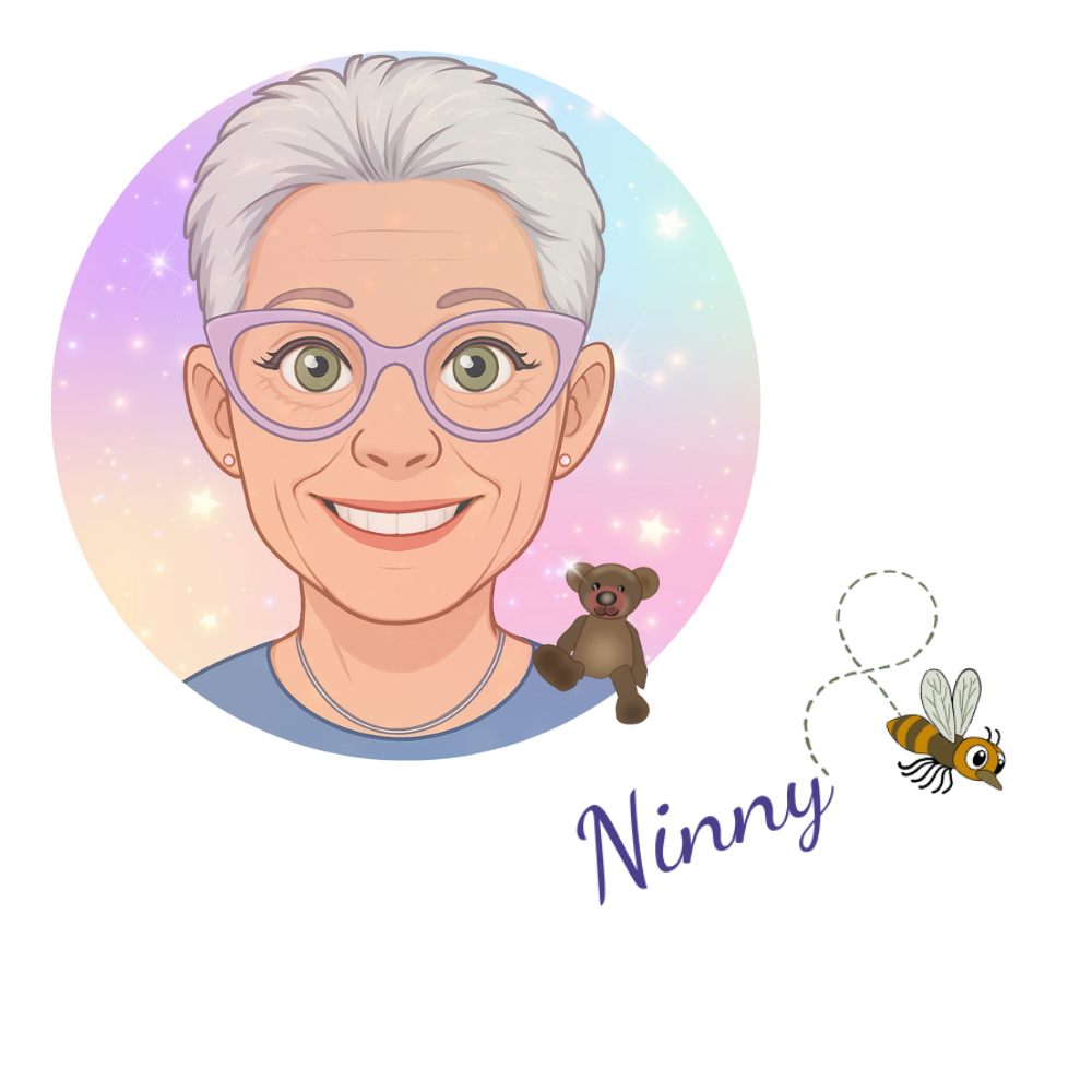 Illustrated Ninny avatar with pastel starry background, holding a small teddy bear, alongside a handwritten “Ninny” signature and a friendly buzzing bee. Used as a signature element on the Story Time With Ninny website.