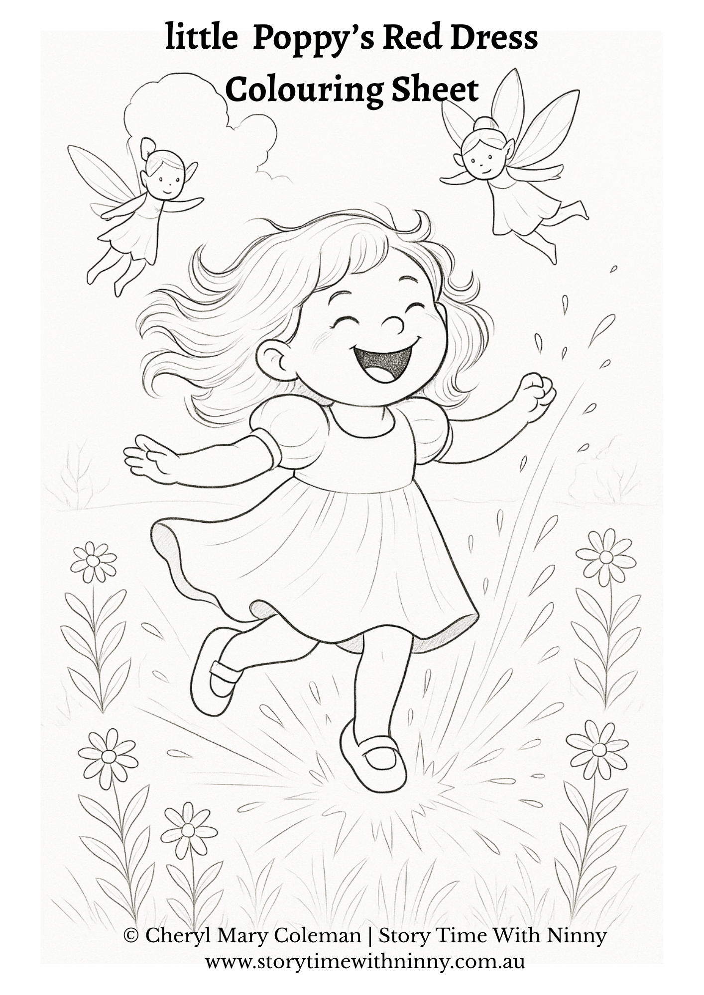 Little Poppy colouring sheet for kids featuring Little Poppy in a field of flowers with fairies, black and white printable activity page by Cheryl Mary Coleman, Story Time With Ninny.
