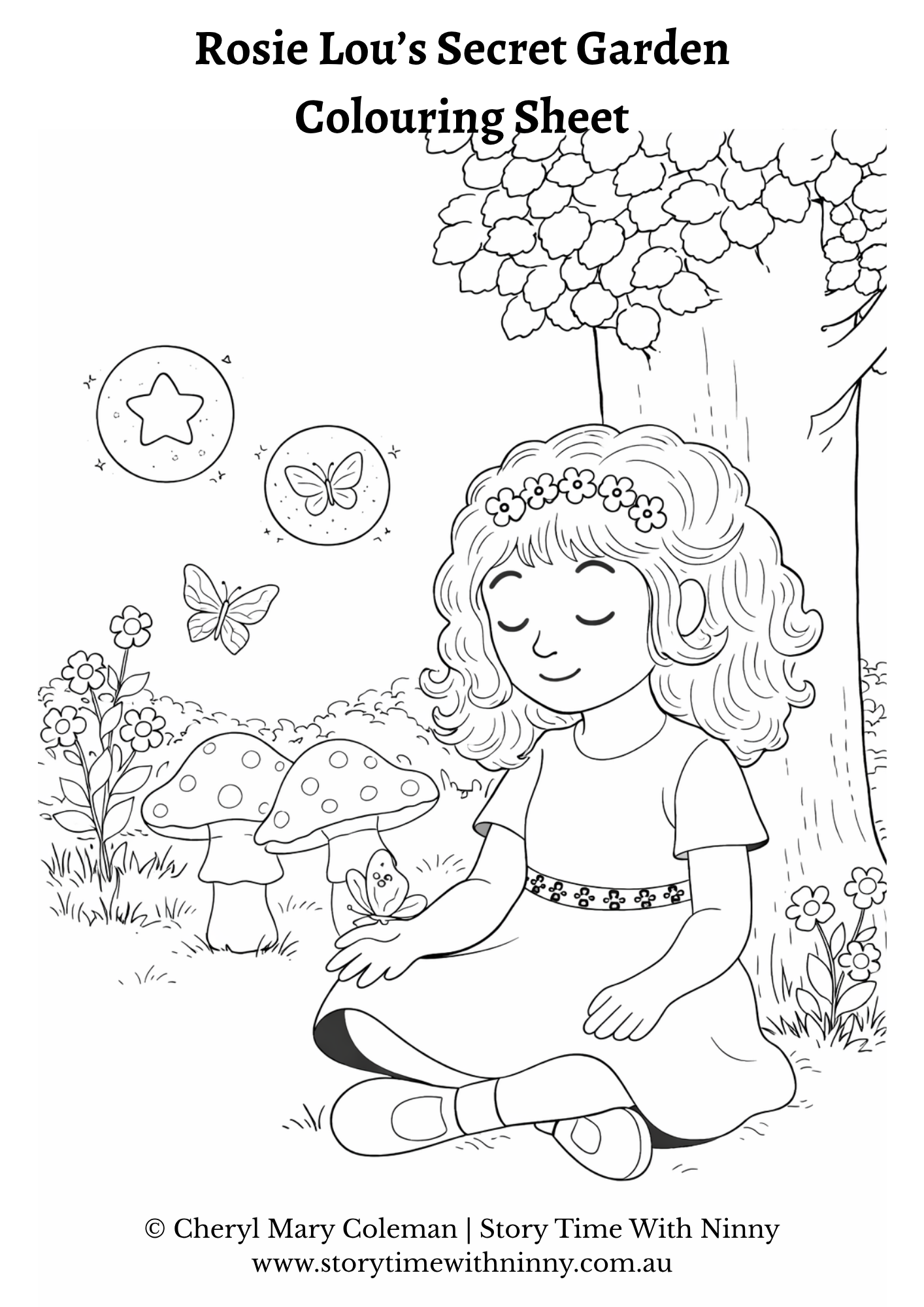 Rosie Lou’s Secret Garden illustration with tree, mushrooms and butterflies for kids colouring pages and printable activities.