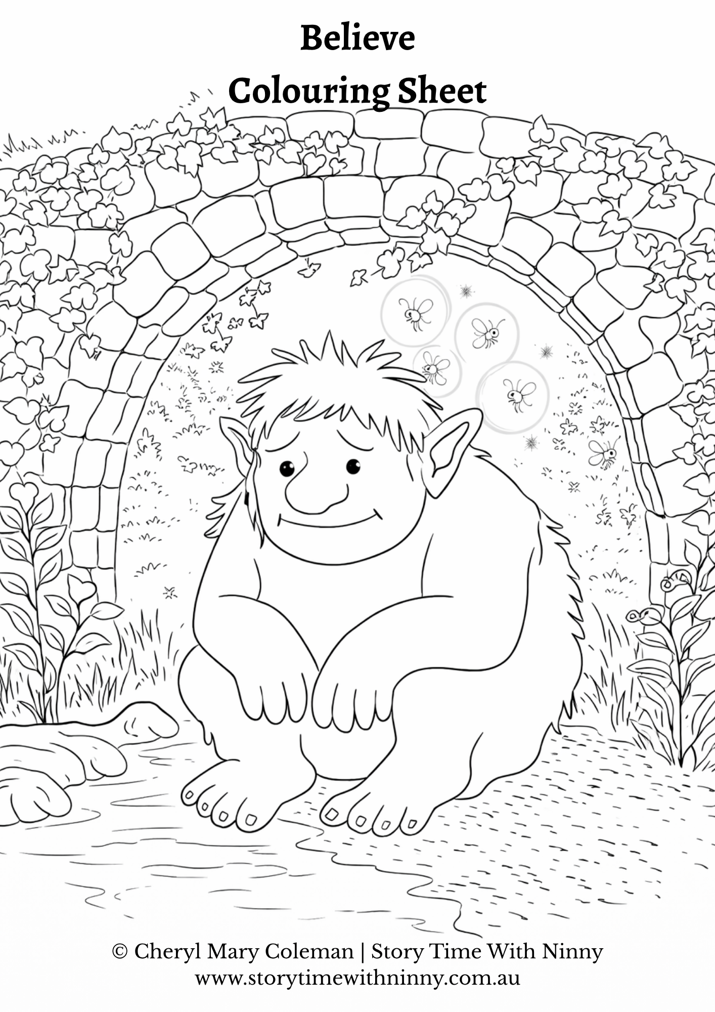 elieve colouring sheet for kids featuring a friendly troll sitting under a stone bridge with glowing fireflies, black and white printable fantasy line art by Cheryl Mary Coleman, Story Time With Ninny.