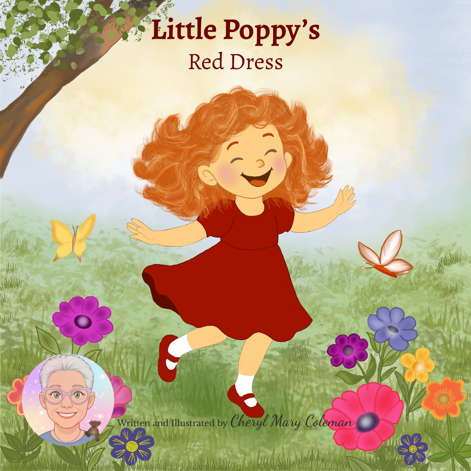 Illustration of a young girl with curly red hair, wearing a red dress and red shoes, joyfully running through a garden with colorful flowers and butterflies. The top of the image has the title 'Little Poppy's Red Dress' and the bottom includes a picture of an older woman with glasses, gray hair, and a small bear, along with the text 'Written and Illustrated by Cheryl Mary Coleman.'