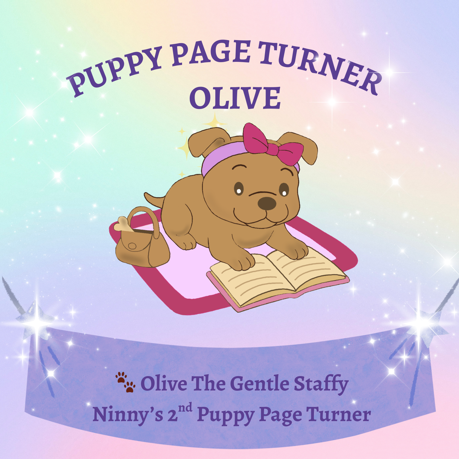 A gentle brown staffy puppy named Olive lies on a pink mat reading an open book, wearing a headband and bow debuts as a Puppy Page Turner for Story Time With Ninny.