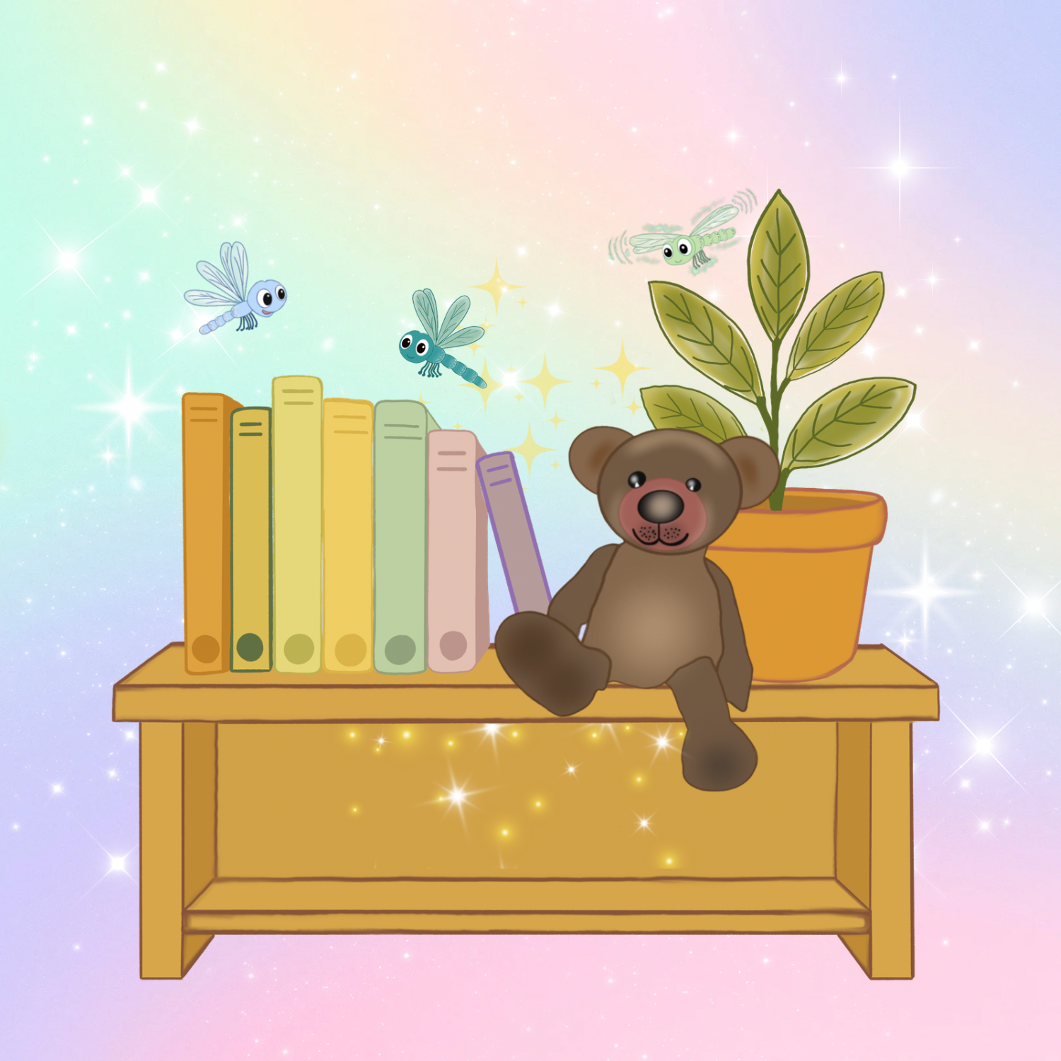 A soft pastel, magical illustration of a children's bookshelf for Ninny's Story time Library.  the image features a wooden bookcase with colourful books, a sweet brown teddy bear, a potted plant and sparkling dragonflies fluttering  above.