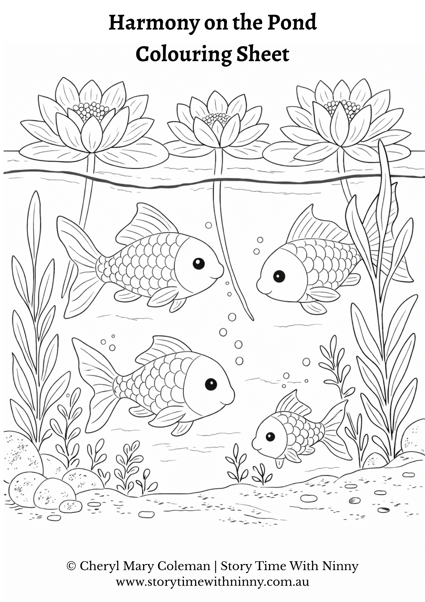 Harmony on the Pond colouring sheet for kids featuring four fish swimming beneath water lilies, with underwater plants and bubbles, black and white printable activity page by Cheryl Mary Coleman, Story Time With Ninny.