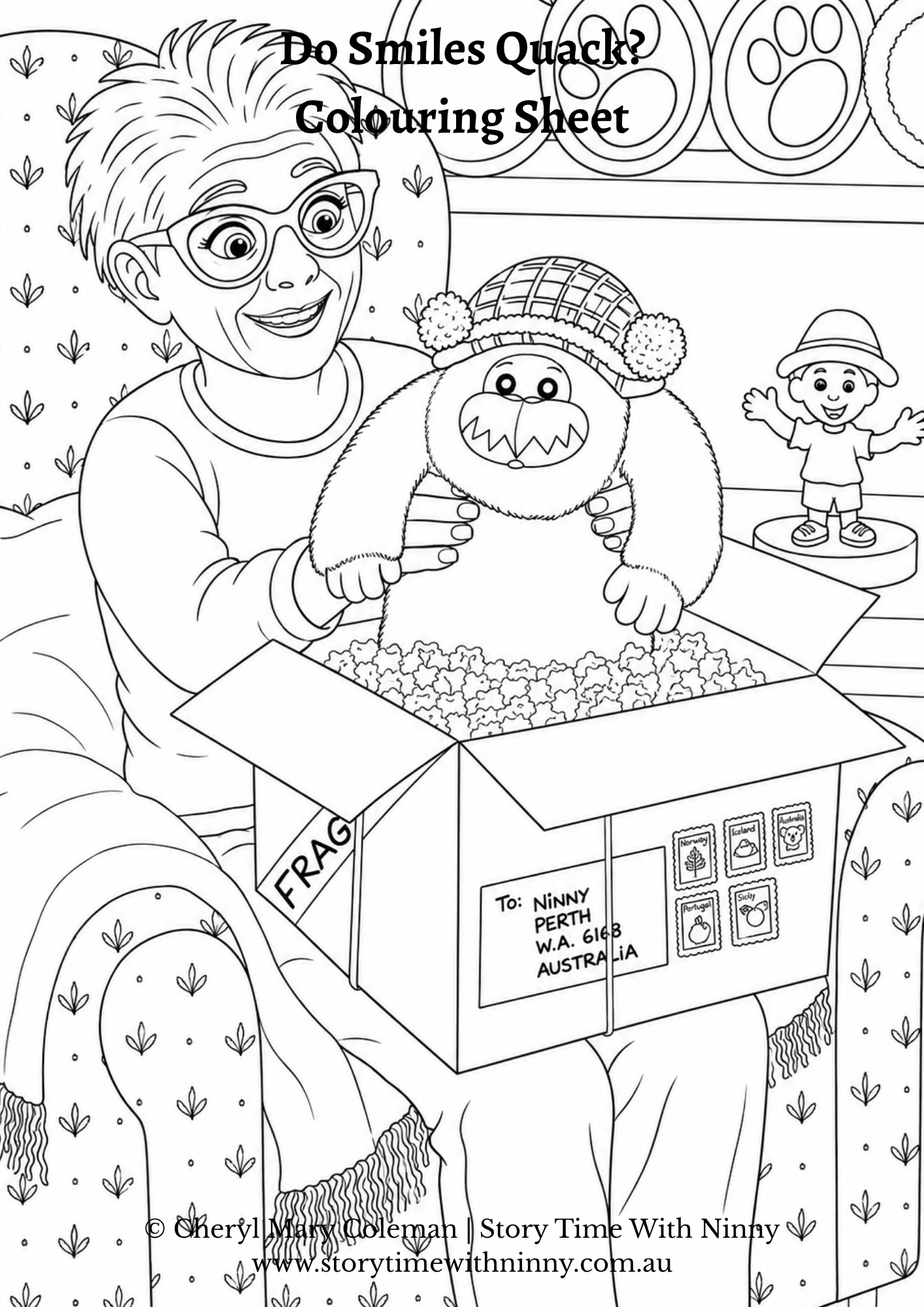 Black and white colouring sheet of Ninny from Do Smiles Quack?  Story Time With Ninny