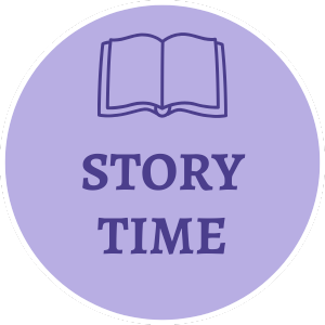 Purple story time badge for Story Time with Ninny.