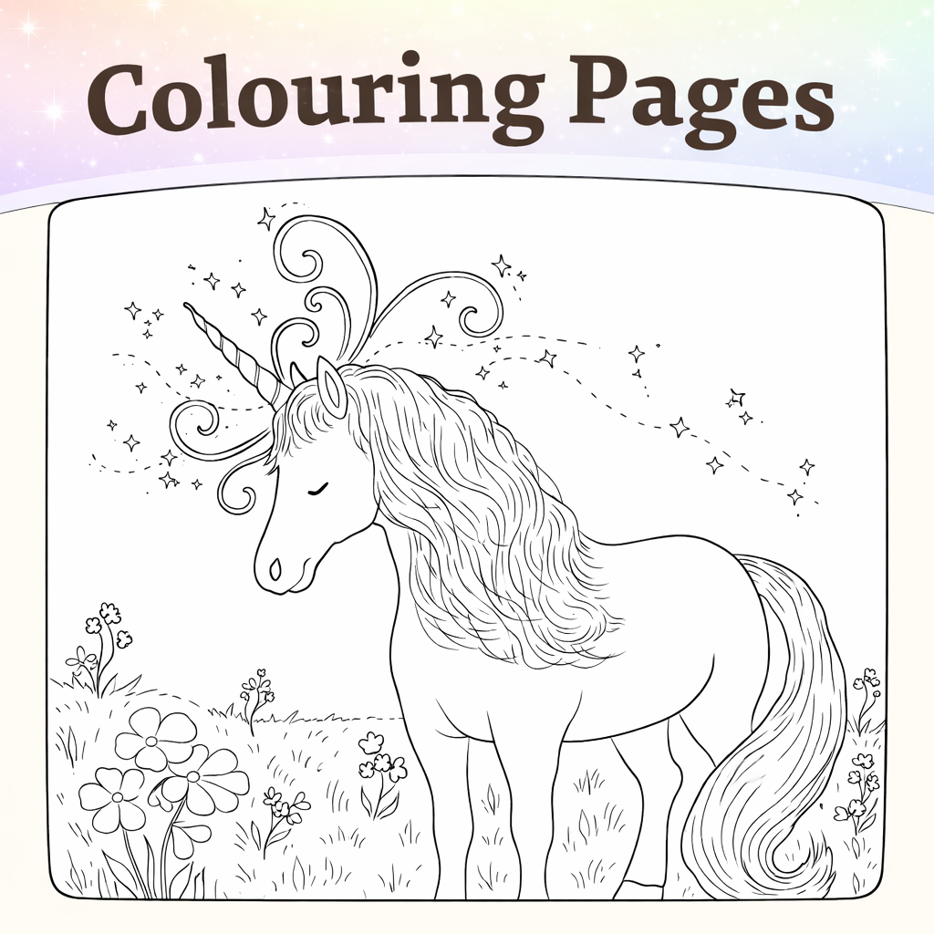 Colouring pages tile featuring a magical unicorn in a forest scene, inspired by Believe by Story Time With Ninny.  Black and white printable activity for kids.