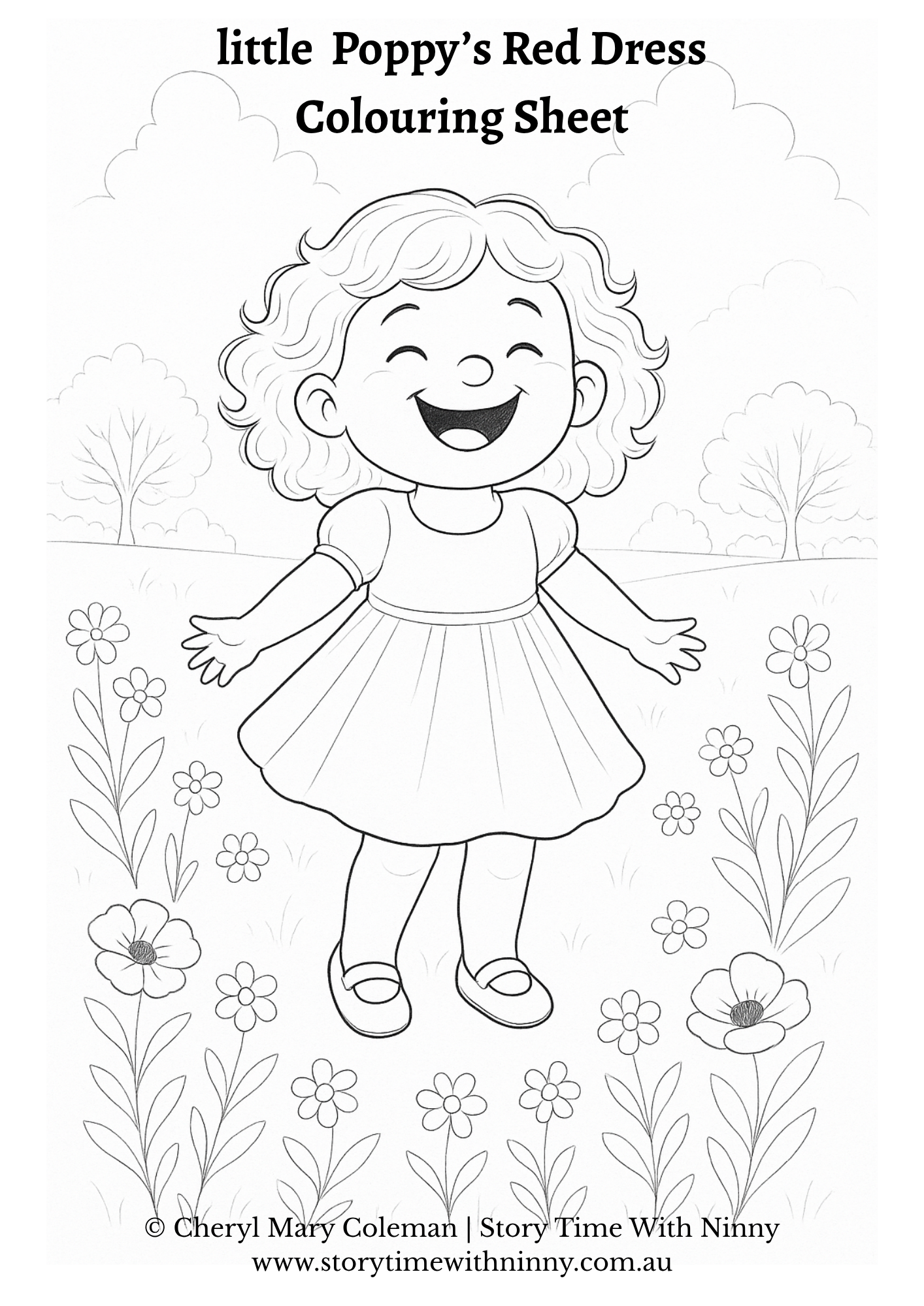Little Poppy colouring sheet for kids featuring Little Poppy in a field of flowers, black and white printable activity page by Cheryl Mary Coleman, Story Time With Ninny.